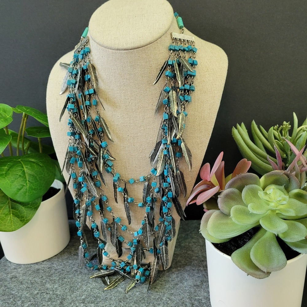 West & Co Turquoise Color Feather Statement Necklace Western Boho Multi-strand